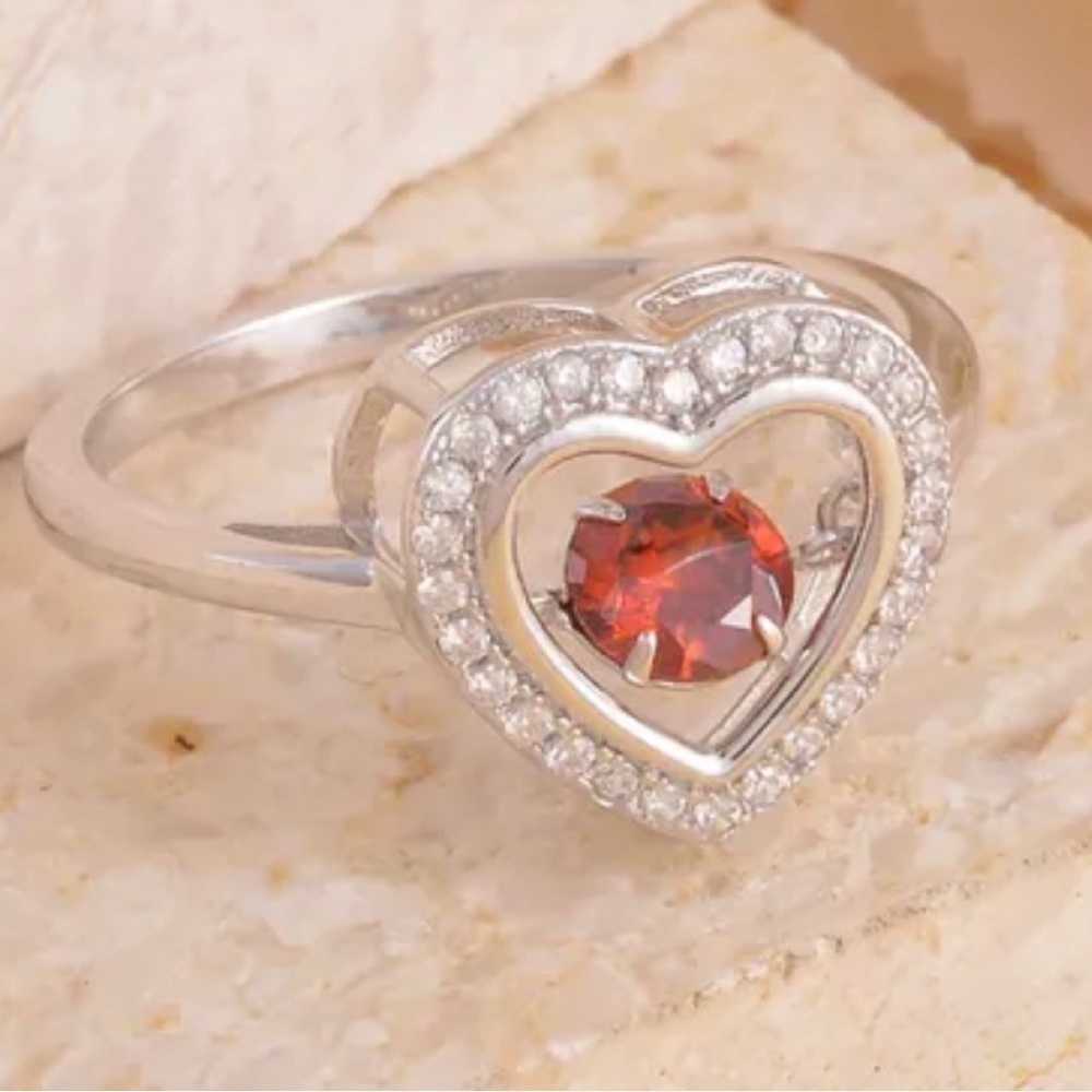 Simulated Red & White Diamond Heart Shape Ring in Rhodium Over Sterling Silver